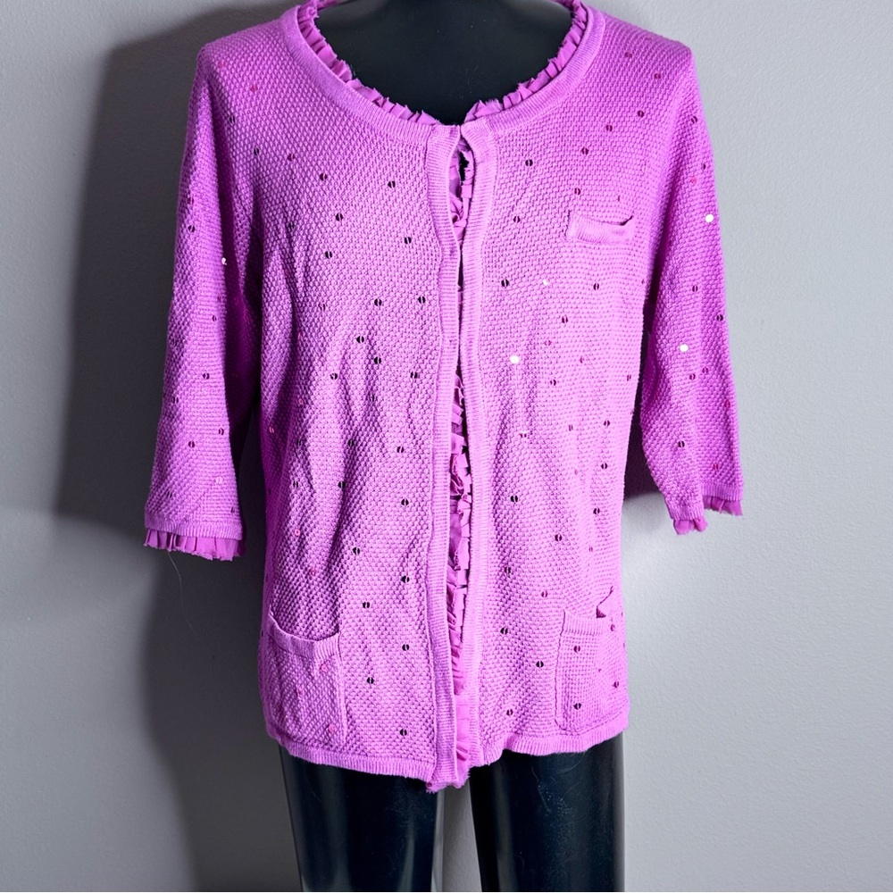 Colleen Lopez 3/4 Sleeve Pink Sequin Ruffle Trim Knit Cardigan Sweater Sz 3X